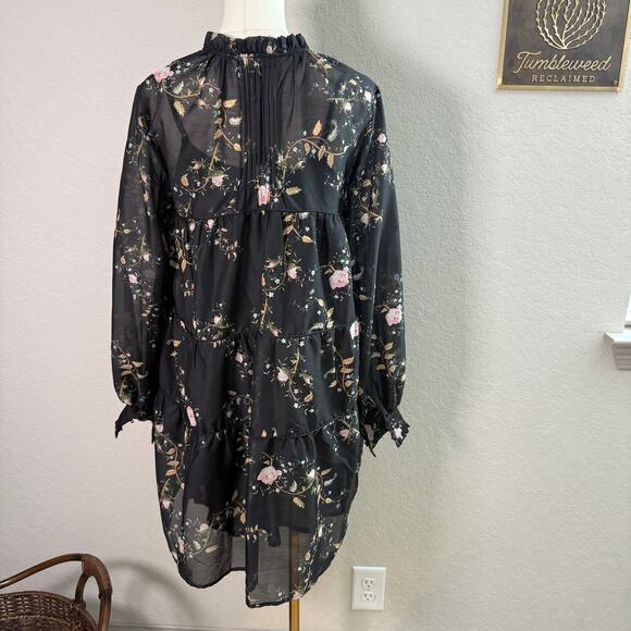 Women's All Saints Black Pullover Floral‎ Botanical Dress with Slip Size 0 NEW - Picture 11 of 11